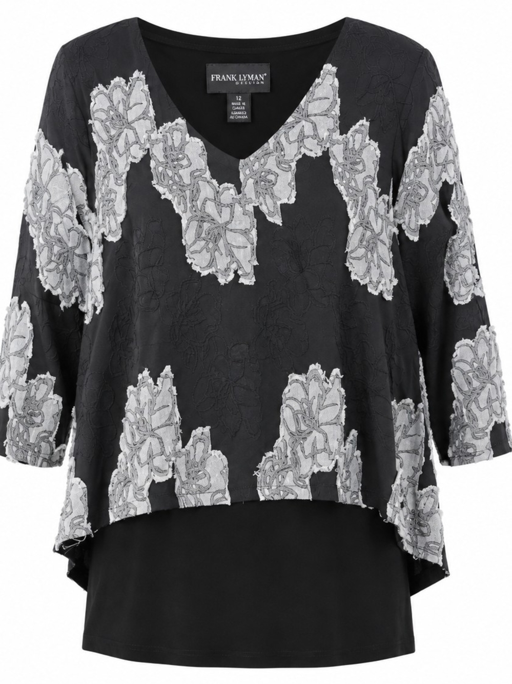 FRANK LYMAN DESIGNS | Black Cream Floral Applique Layered Artsy Tunic Top | 12